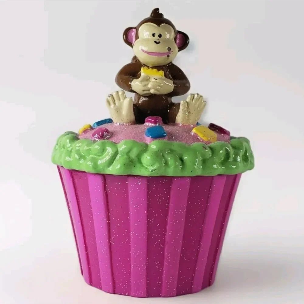 💜Hot Pink Monkey Sparkling Glitter Cupcake Trinket Holder